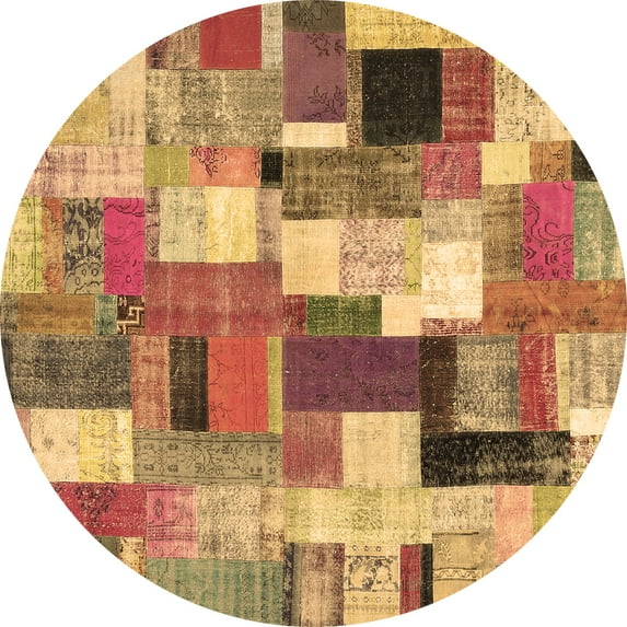 Ahgly Company Indoor Round Patchwork Brown Transitional Area Rugs, 7' Round