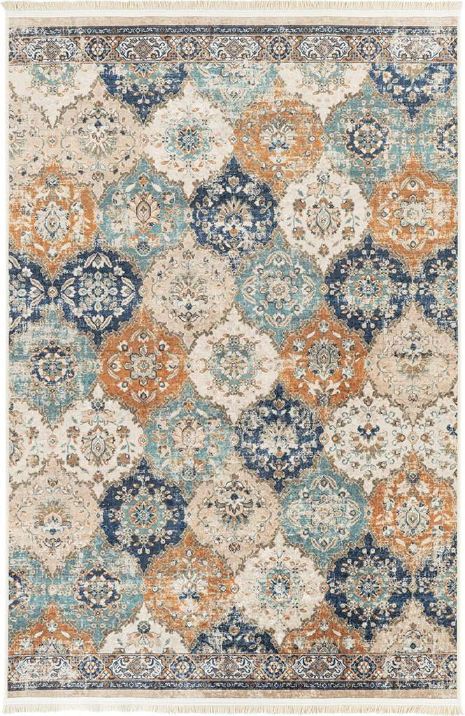 Alfa Rich 4x6 Area Rugs, Ultra-Thin Boho Blue Teal Beige Cream Rug, Non-Slip Machine Washable, Easy Clean, Pet Friendly Rugs