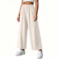 thumbnail image 6 of Cagogo Women's Cotton Linen Wide Leg Pants Elastic Waist Casual Loose Ankle Trousers with Pockets Flowy Summer Beach Work Lounge Fashion Clothes, White XL, 6 of 6