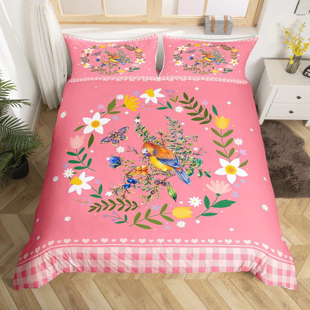 YST Hummingbird Bed Set Cute Animal Duvet Cover, Colorful Flowers