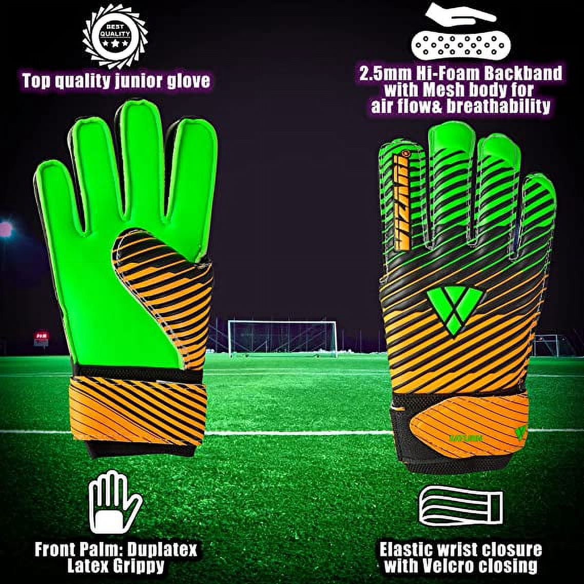 VIZARI Sports Saturn Soccer Goalie Goalkeeper Gloves Size 5 Green for Kids Youth & Boys, Football Gloves with Grip Boost Padded Palm and fingersave Flat Cut Construction