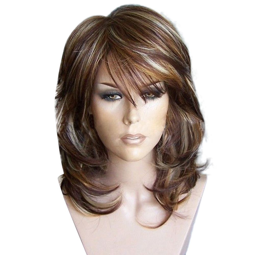 Peluca de cabello humano sintética con capas medias, reflejos, ligeramente ondulada hacia un lado, con diadema 4