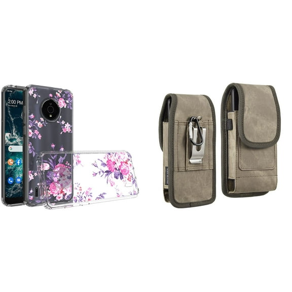 Case and Pouch Bundle for Nokia C200: Slim Series TPU Protector Case (Pink Flowers) and Vertical Rugged Denim Nylon Belt Holster (Brown)