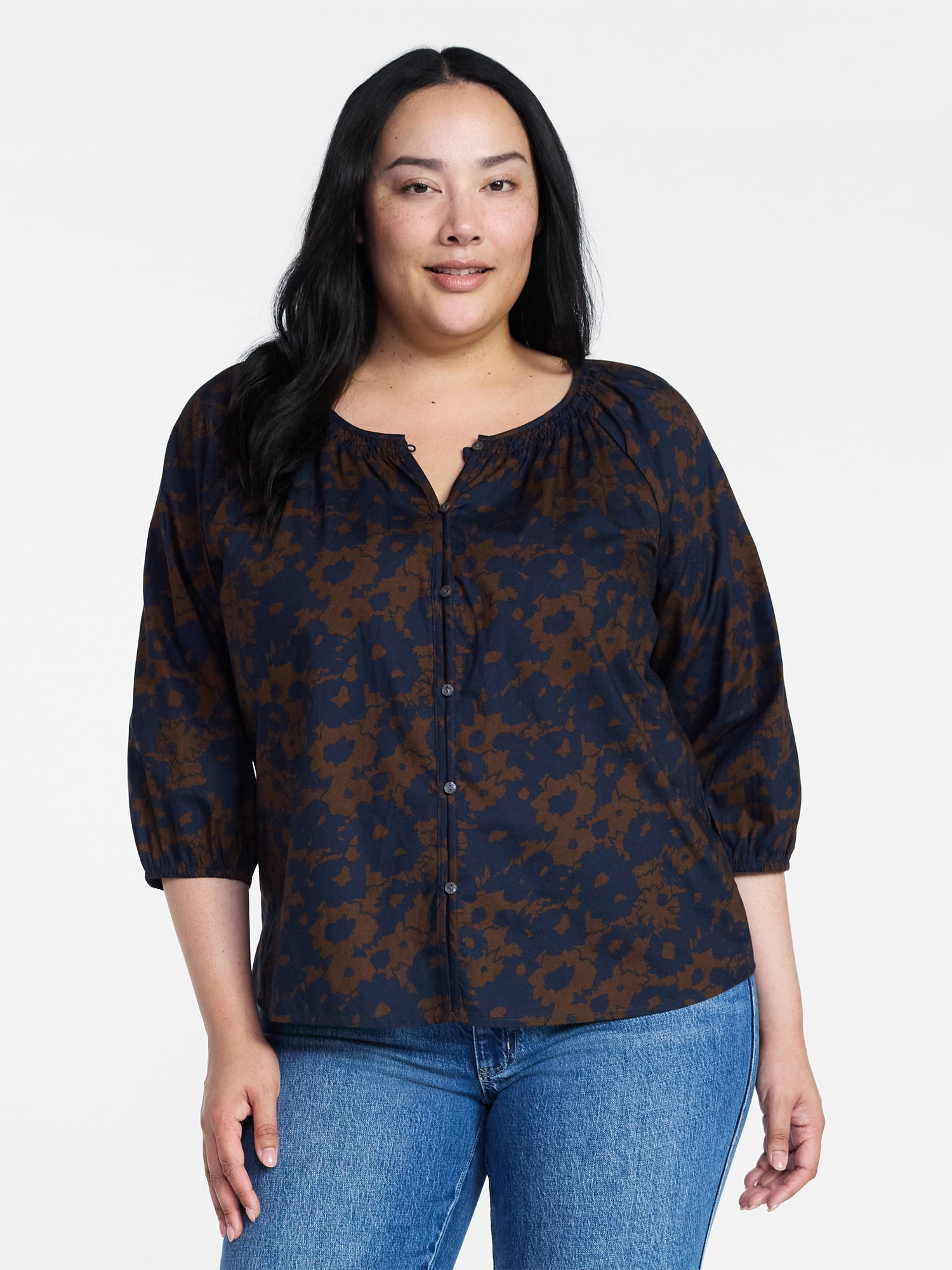 Time and Tru Women's Cotton Button Front Blouse with ¾ Length Sleeves, Sizes XS-XXXL