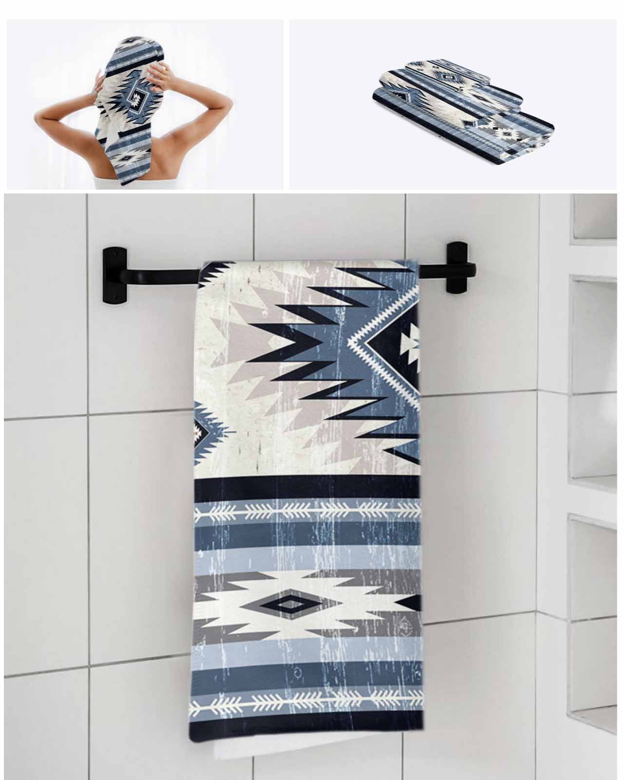 Blue Boho Bath Towels for Bathroom Set,Luxury Microfiber Towels Gifts for Women,Quick Dry Beach Kitchen Hand Hair Face Towel and Dish Washcloth,Southwestern Ethnic Aztec Retro Geometric Towels+Set
