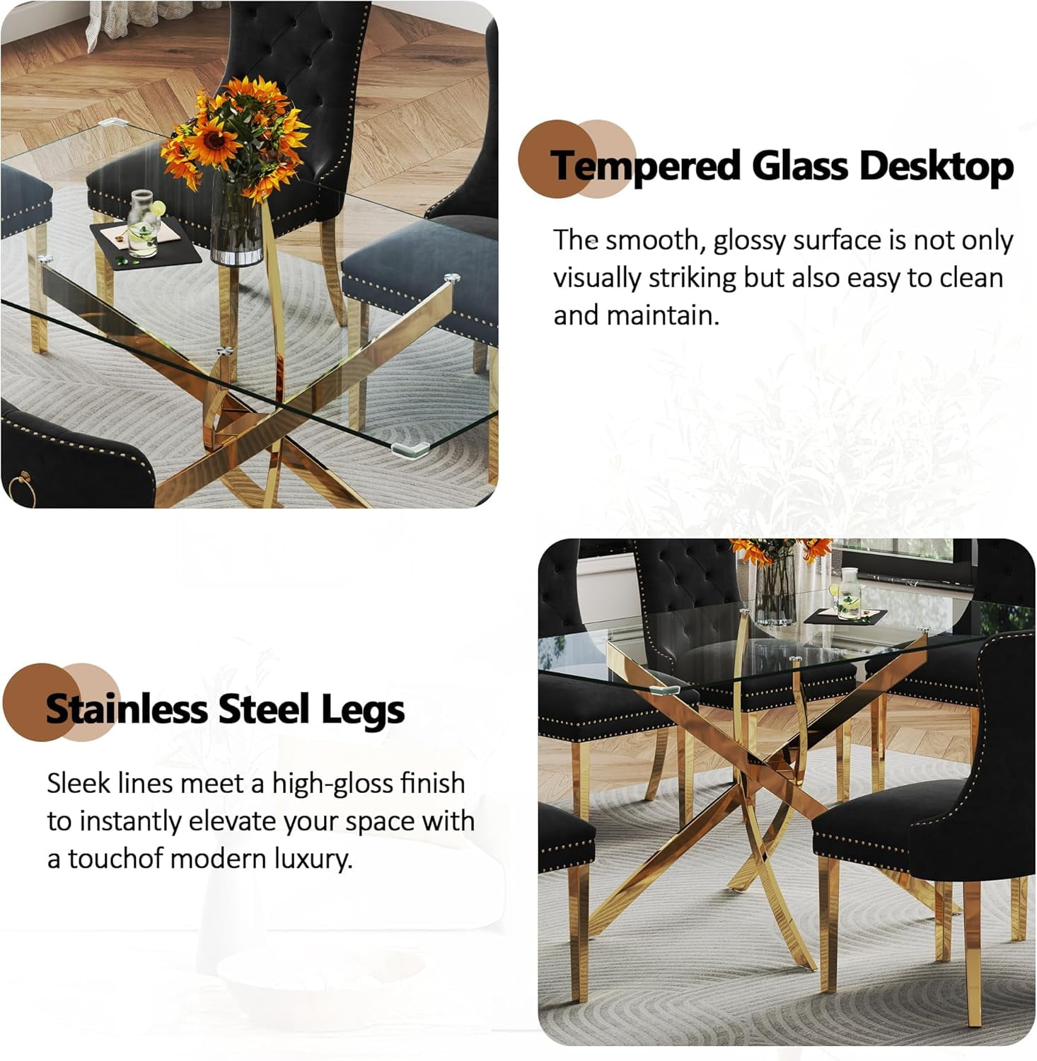 5-Piece Dining Table Set, 50" Modern Rectangular Tempered Glass Table & 4 Tufted Velvet Chairs with Stainless Steel Legs, Dining Set for Kitchen, Office