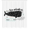 thumbnail image 3 of Adventure Nursery Shower Curtain, Sea Adventure Text with Hand Drawn Whale Shark Design, Fabric Bathroom Set with Hooks, 69W X 84L Inches Extra Long, Black Pale Pink and Pale Blue, by Ambesonne, 3 of 3