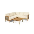 thumbnail image 3 of Rattler Acacia Wood and Round Wicker Outdoor 5 Seater Sectional Sofa Chat Set with Cushions, Teak, Mixed Brown, and Beige, 3 of 14
