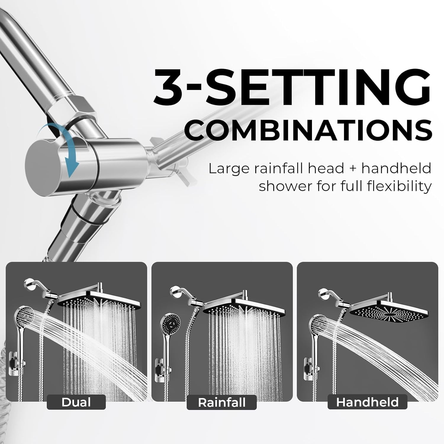 Wide Rain Shower Head With 5 Modes Handheld Showerheads, High Pressure Showerhead Combo with Extension Arm for Bathroom Accessories, Adjustable Shower Head with Anti-Clog Nozzles (Chrome)
