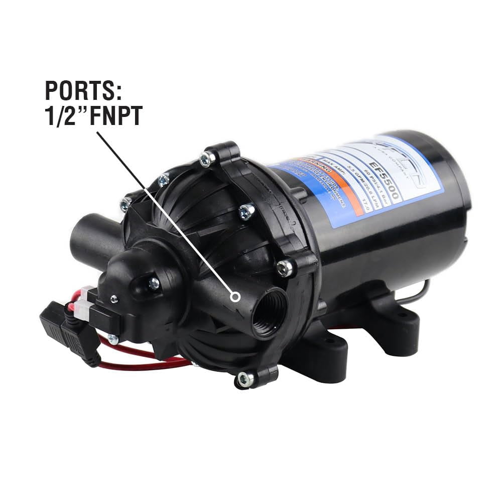 Everflo EF5500-Box 5.5GPM 12V Diaphragm Pump-1/2 FNPT Connection, 5.5 GPM, Black CA3