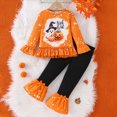 thumbnail image 5 of HCNTES Baby Girl Winter Clothes Girls Halloween Outfits With Pumpkin Print Hallomas Clothing Set Long Sleeve Blouse With Lace Trim Flare-Leg Pants Athletic Clothes For Kids Matching Sets, 5 of 9