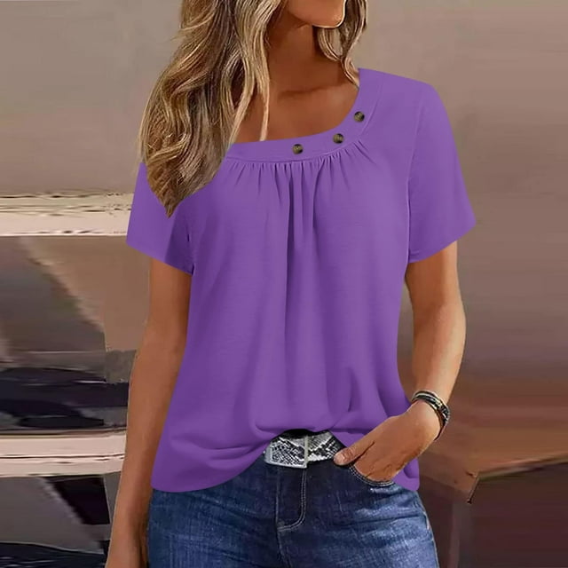 Meichang Hauts pour Femmes Été Couleur Unie T-Shirts Basiques Travail Chic Tunique Habillée Blouses Plissées devant Col Rond Manches Courtes Tee Tops