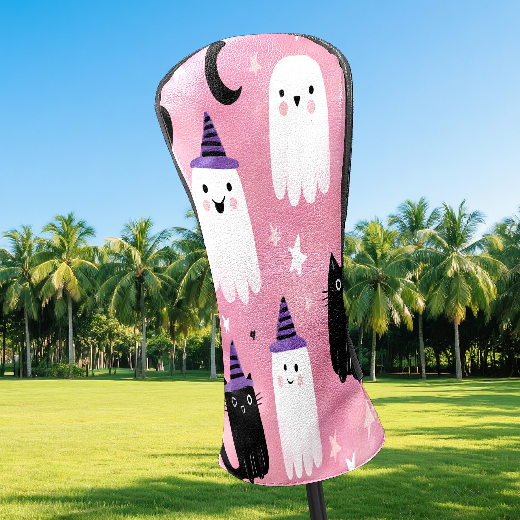 Golf Club Covers, Pink GhostCatMoon Premium PU Leather Driver Hybrid Putter Head Covers with Velvet Lining, Waterproof Golf Gifts for Men Women