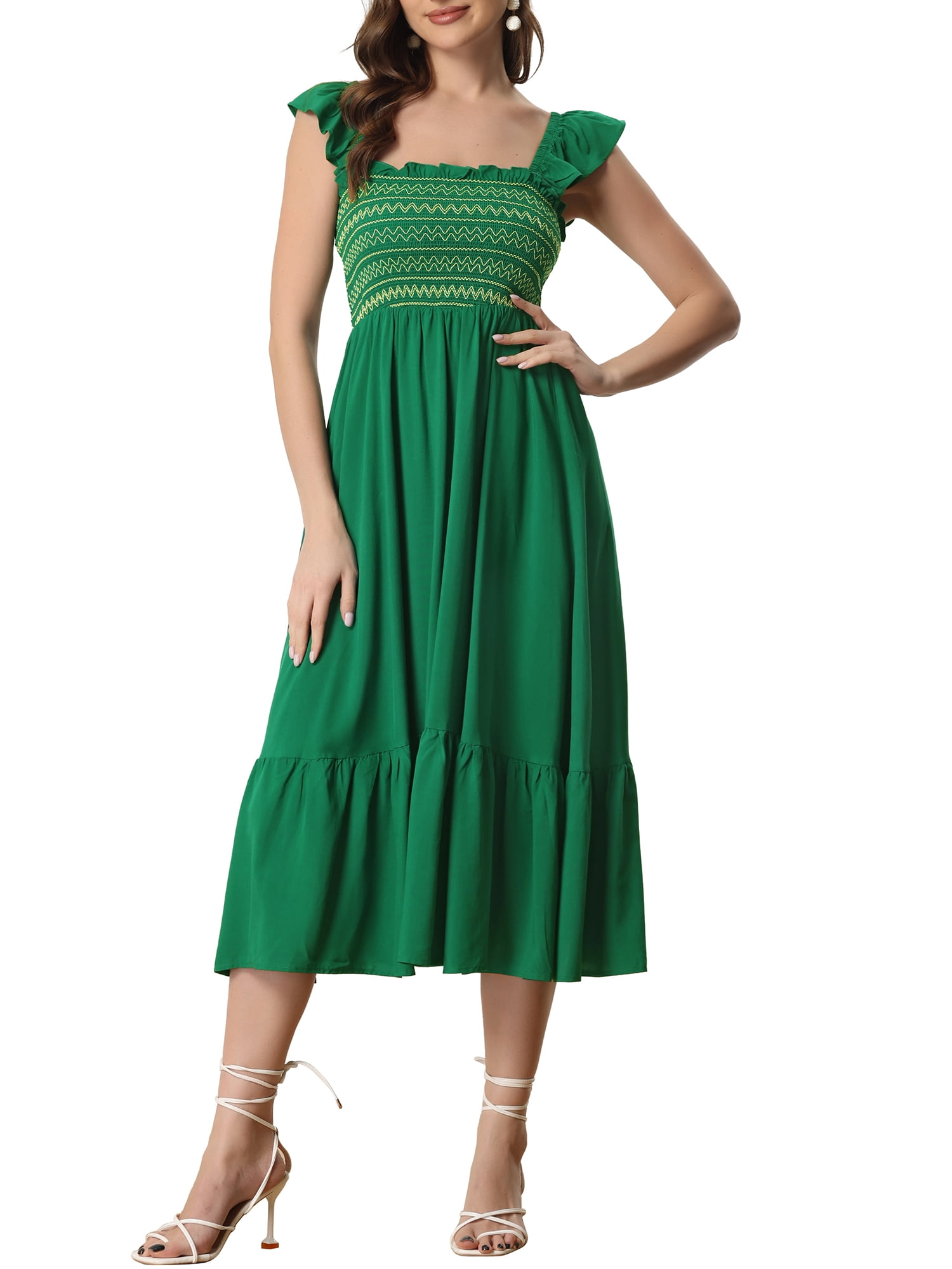 Allegra K Smocked Sundress for Women’s Causal Square Neck Boho Sleeveless Ruffle Tiered Midi