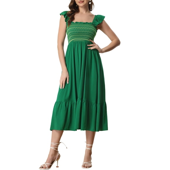 MODA NOVA Smocked Sundress for Juniors’s Causal Square Neck Boho Sleeveless Ruffle Tiered Midi Dress