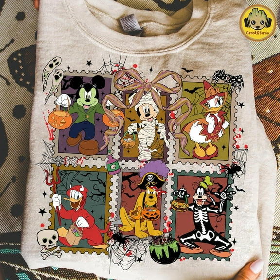 Retro Halloween Cartoon Mouse And Friends Character Sweatshirt, Trendy Horror Halloween Sweatshirt, Halloween Friends Movies Sweatshirt, Spooky Season Sweatshirt