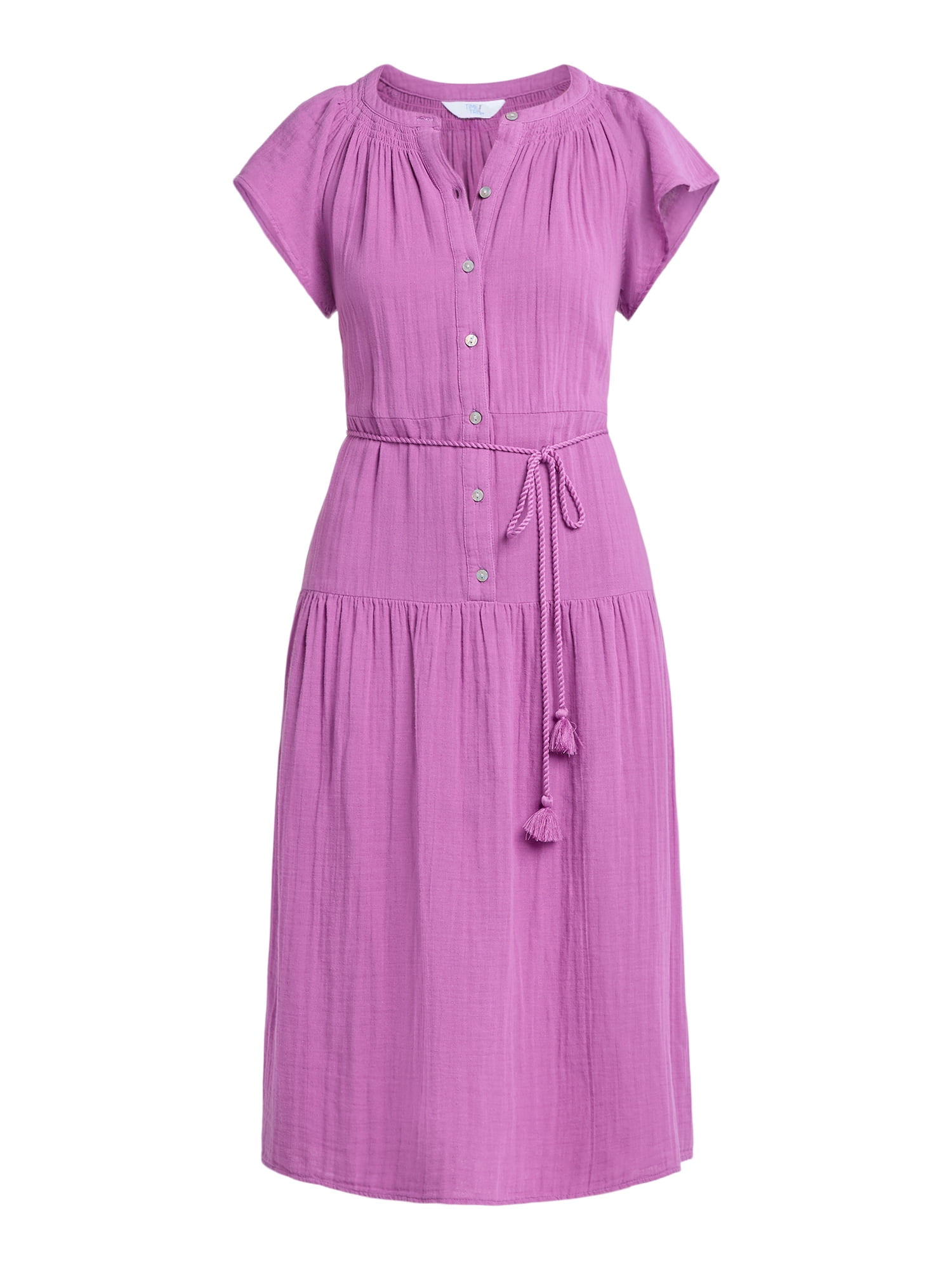 Time and Tru Women's Double Cloth Cotton Midi Dress, Sizes XS-XXXL