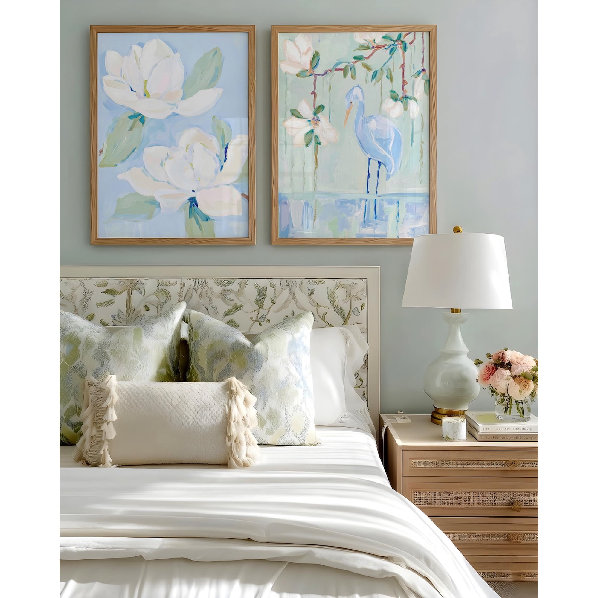 Retro Preppy Lowcountry Magnolia Egret Southern Coastal Botanical Bird Blue Set 2 Unframed Paper Print