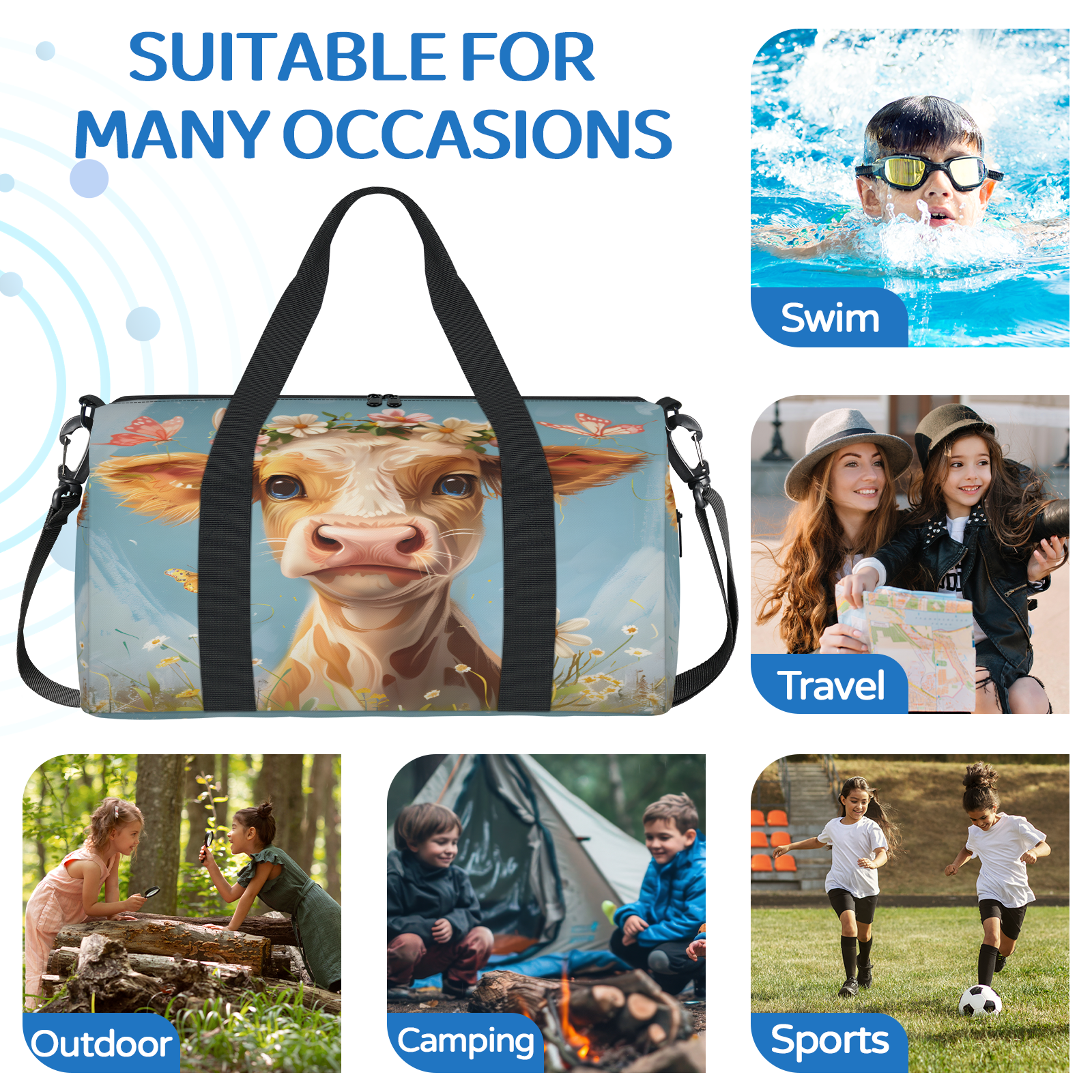 Herdesigns Cattle Cow Travel Duffle Bag Sports Yoga Weekender Overnight Carry on Workout Bags Lightweight Waterproof Gym Tote Bag for Women Watercolor Floral