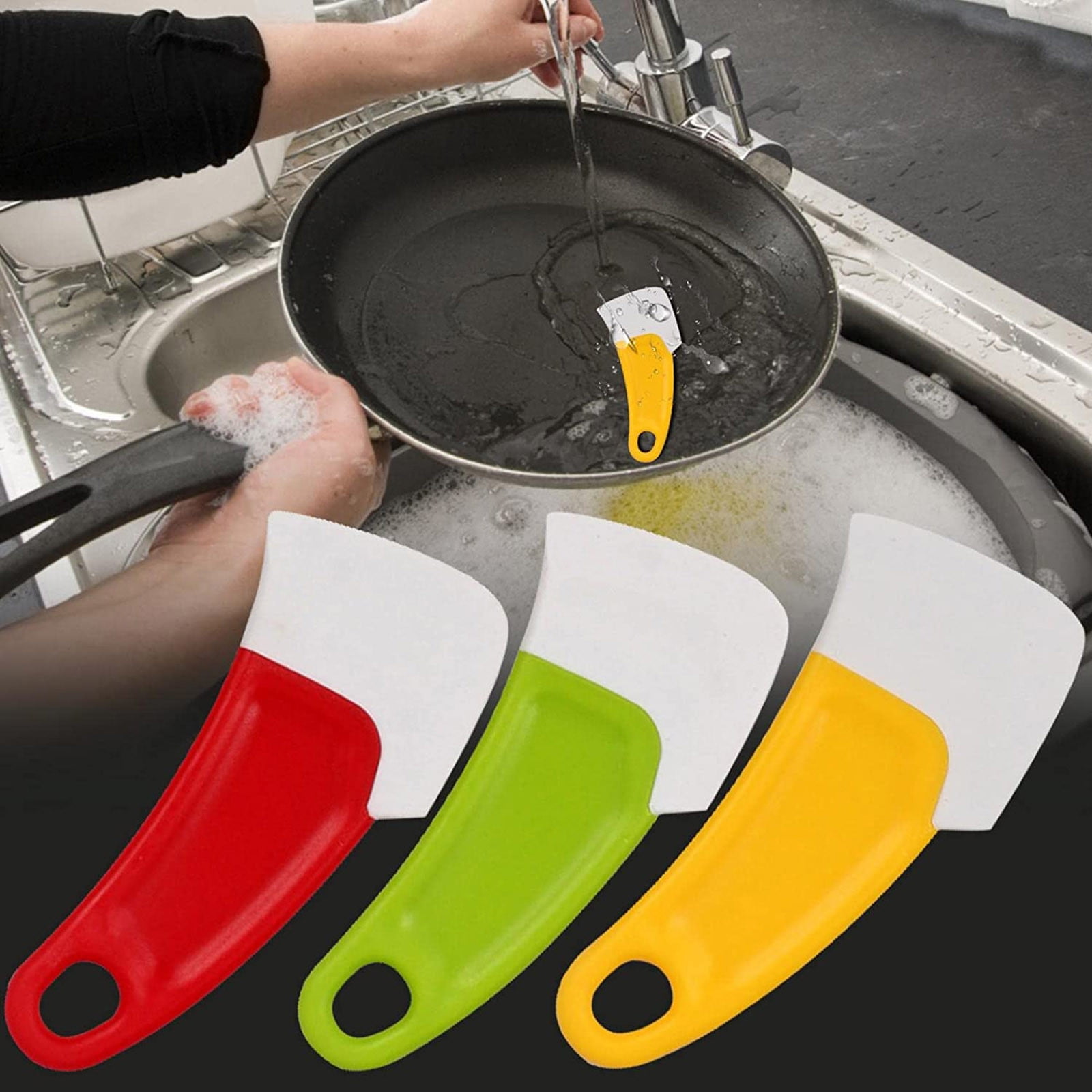 Audoloku Silicone Pan Scraper Dish Cleaning Spatula Bowl Scraper Dish Scraper Non Stick Kitchen Scraper Pan Rubber Cleaning Spatula Pot Cleaning Tool 2 Pcs (
