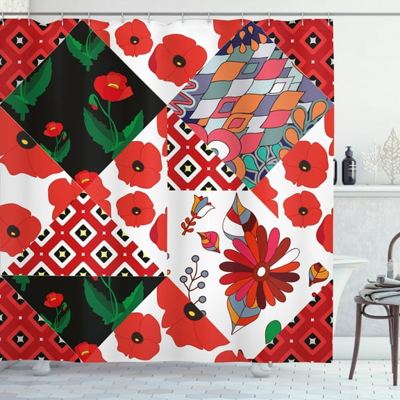Ambesonne Retro Shower Curtain, Slavic Patchwork Poppy, 69"Wx75"L, Multicolor