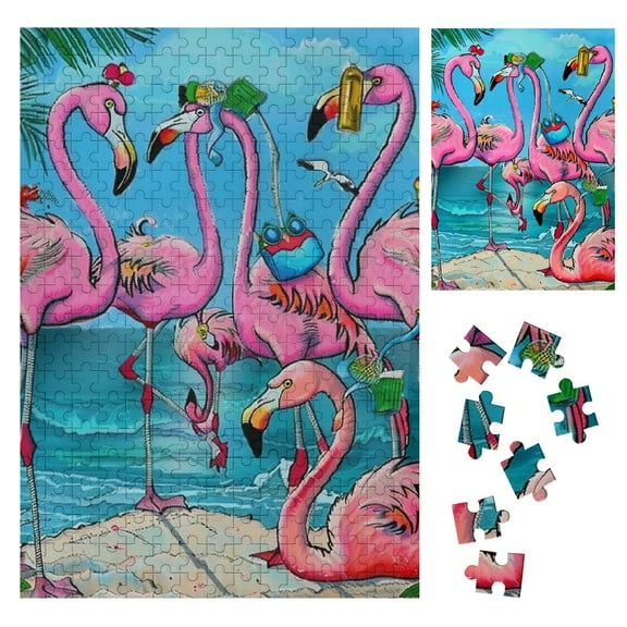 BCIIG Flamingos Beach Summer Wooden Jigsaw Puzzle Vertical Challenging Difficult Wood Puzzles for Adults Gift for Family Friends 300PCS