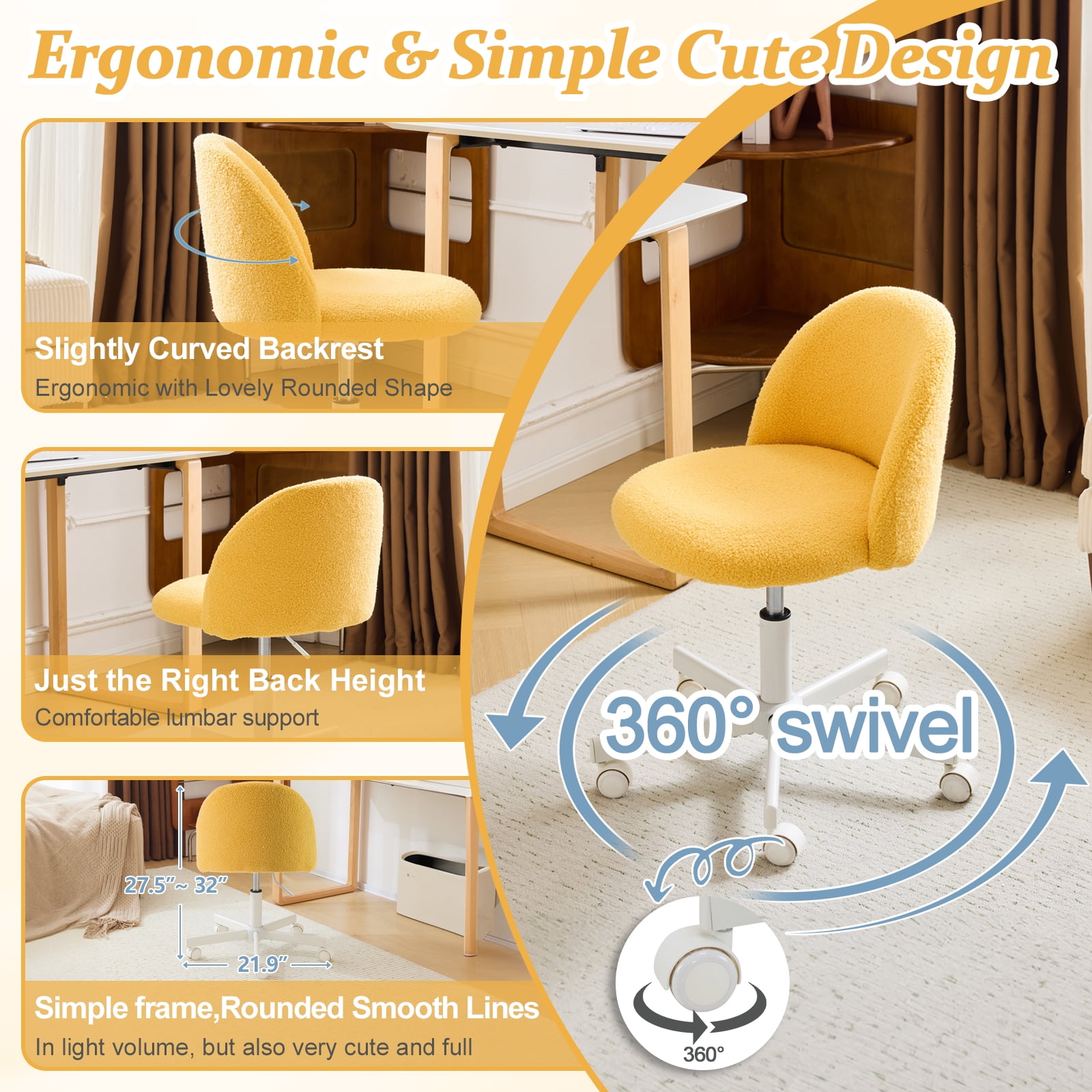 Ktaxon Armless Home Office Desk Chair Cute Mid Back Vanity Stool Teddy Velvet Swivel Task Chairs with Wheels Yolk Yellow