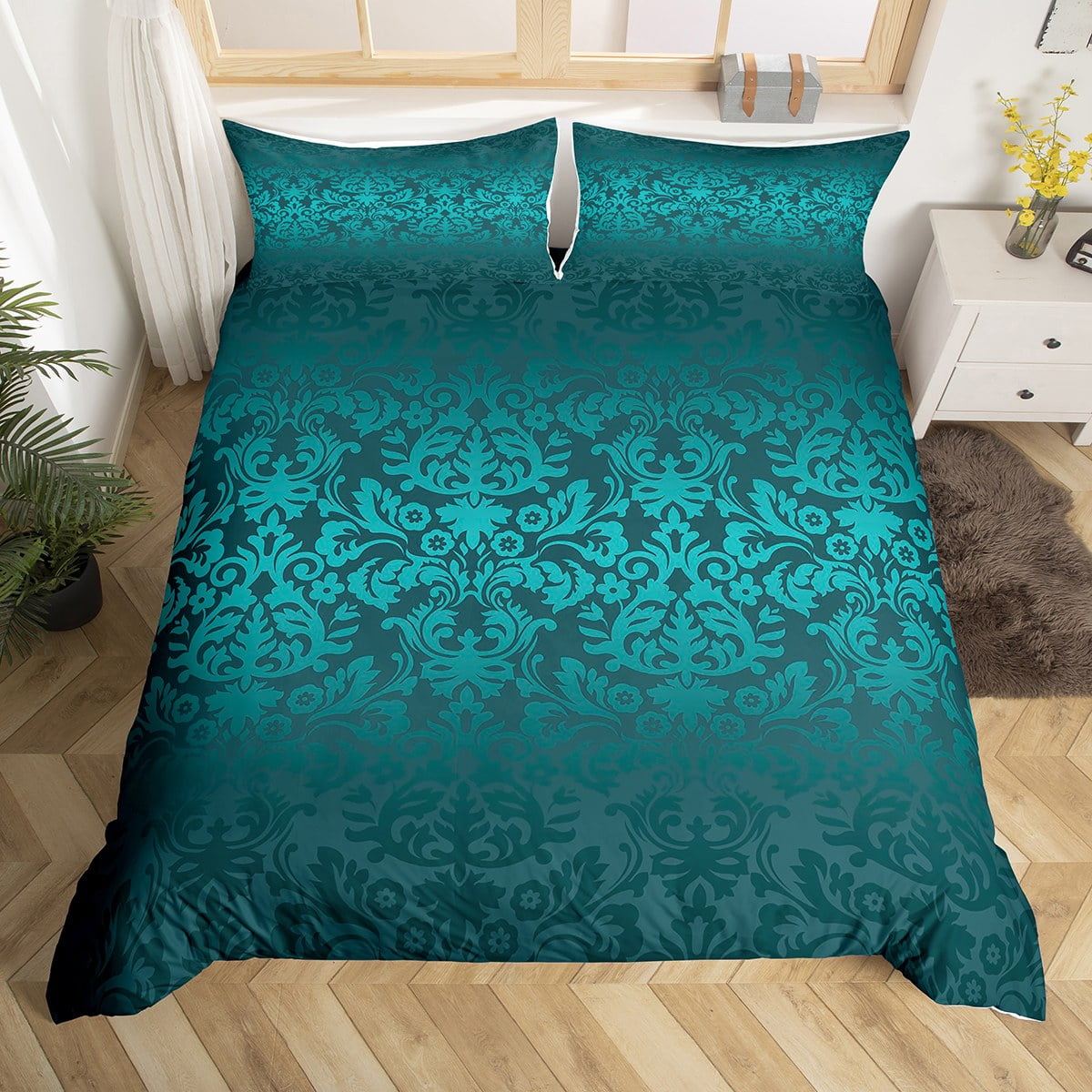 YST Teal Ombre Damask King Bedding Sets For Men Women Vintage Paisley Floral Comforter Cover