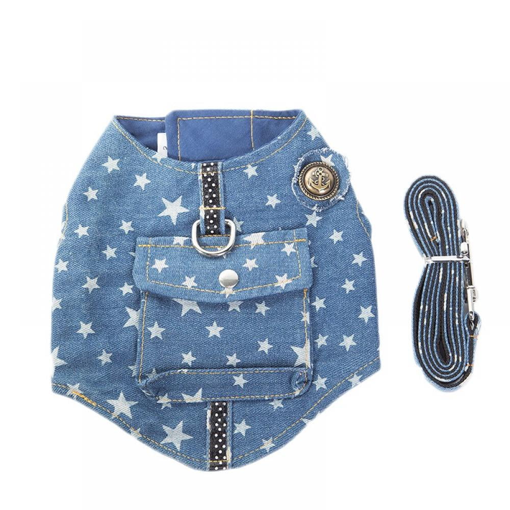 Small Dog Cat Denim Vest Jacket Harness, Puppy Harness Leash Set,Easy on And Off Pocket stars