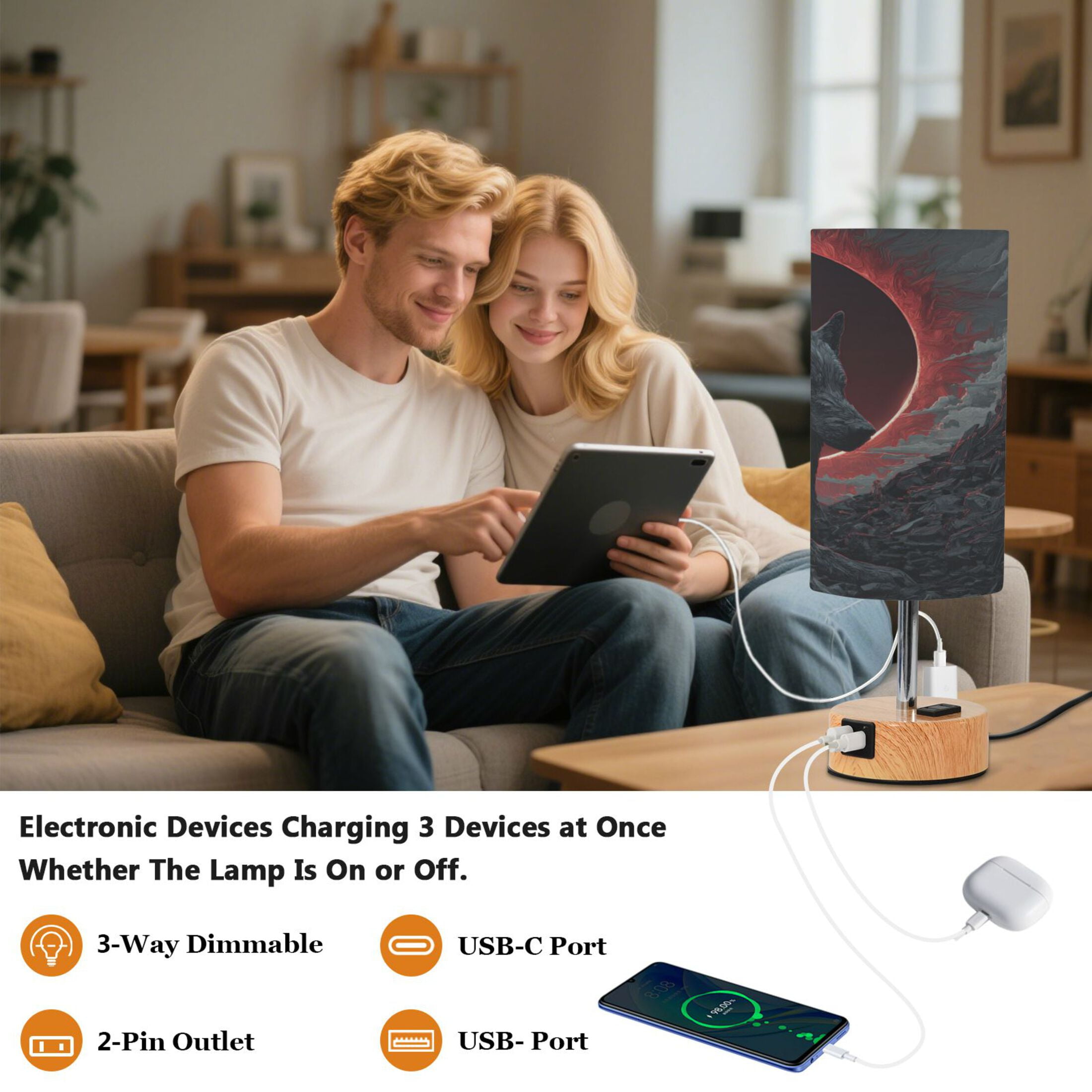Touch-Control 3-Color Desk Lamp with Plug – Energy-Saving LED + 3 Simultaneous Charging Ports Red Sun Lone Wolf