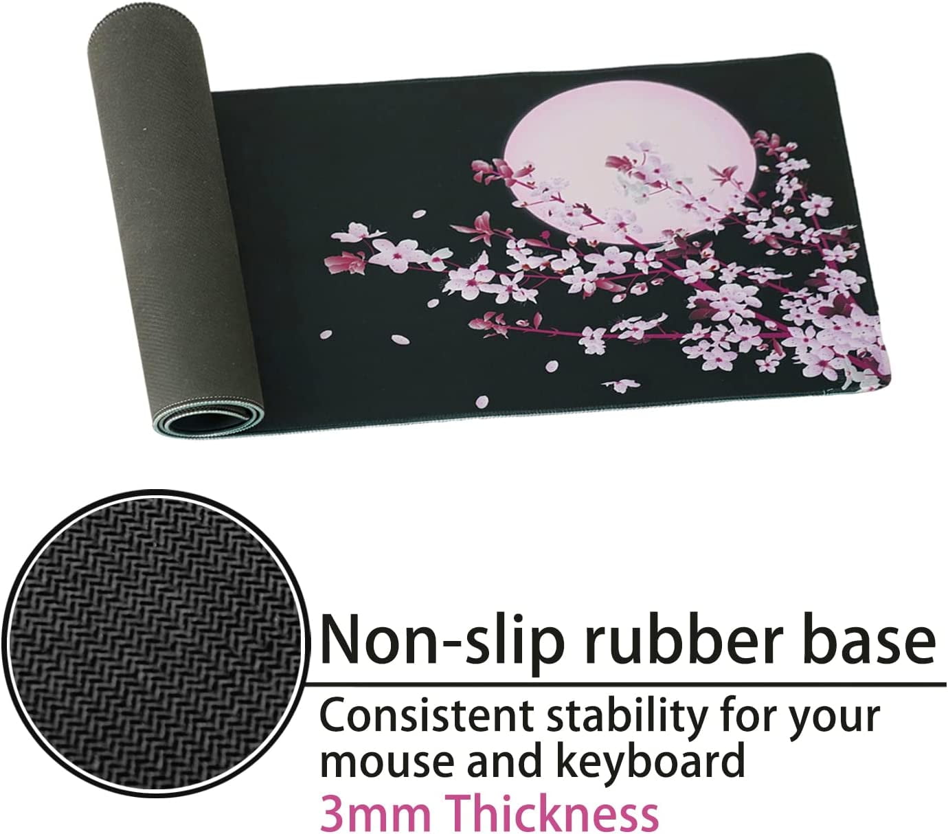 Japanese Cherry Blossom Sakura Mouse Pad Black XL, Extended Large Mouse Pad, Kawaii Pink Black Mousepad, Moon Floral Long Big Desk Mouse Mat, Cherry Blossom Decor Stuff Accessories, 31.5 X 11.8 Inch