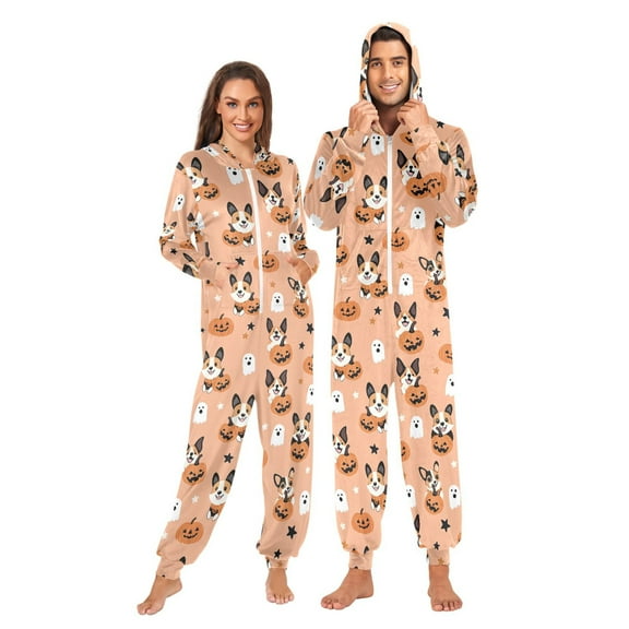 Halloween Pumpkin Puppy Adult onesie Pajamas, Crystal Velvet Ultra Soft Warm Jumpsuit for Men and Women