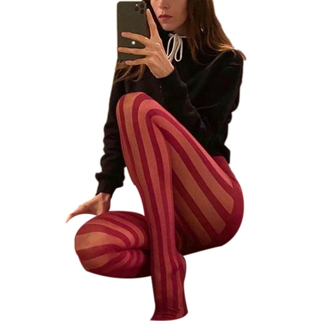 Women Sexy See Through Pantyhose Y2k Vertical And Horizontal Stripe Printed Sockings Tights