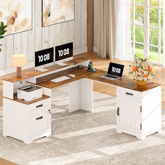 63'' Farmhouse L Shaped Desk with Drawers, Corner Computer Desk with Monitor Stand for Home Office, White