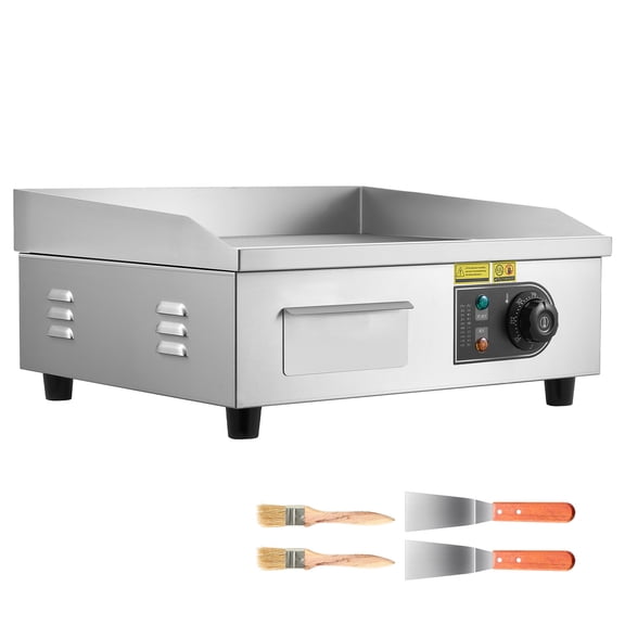 KFFKFF Commercial Electric Griddle, 17.72 x 11.81 inch, 1750W, Adjustable Temperature Range 122-570°F, Stainless Steel Flat Top Grill with Accessories for Cooking Steak