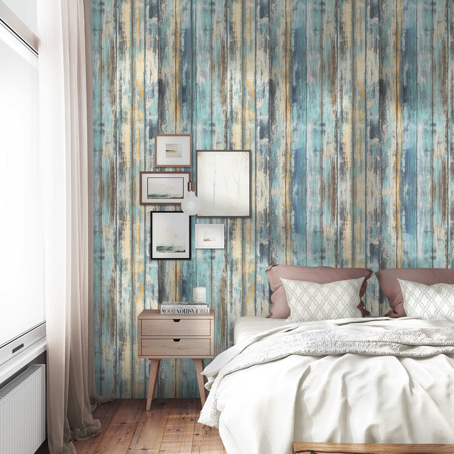 Wood Contact Paper - 15.7"x236" Self-Adhesive and Removable Wood Wallpaper Peel and Stick - Blue Distressed Wood Grain Contact Paper for Cabinets - Waterproof Stick on Wall Paper