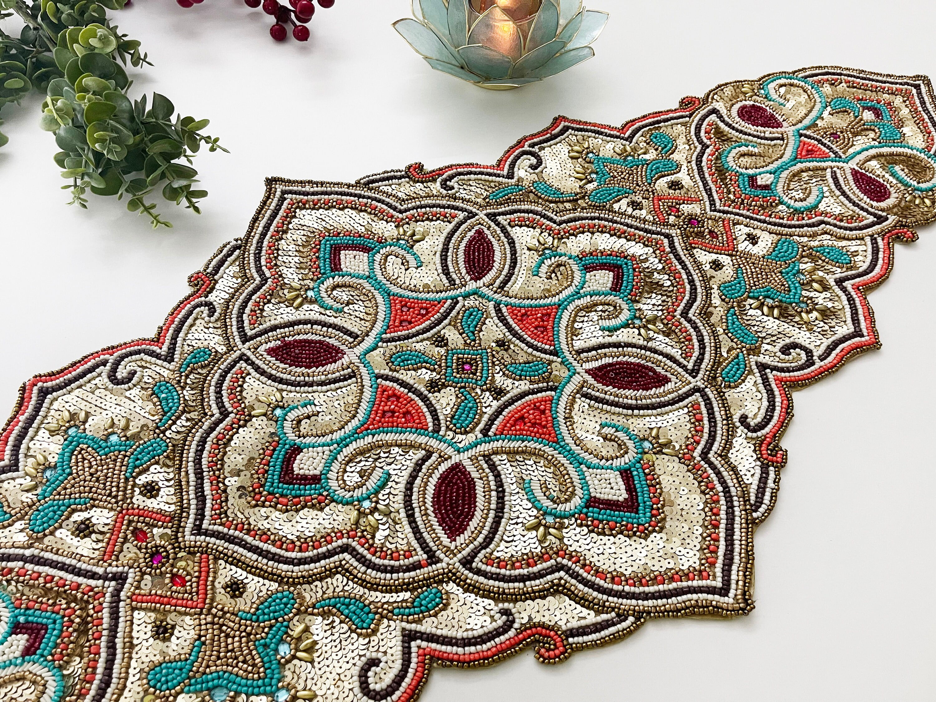Handmade table runner, luxury beaded runner, centerpiece multicolor, 13x36inch