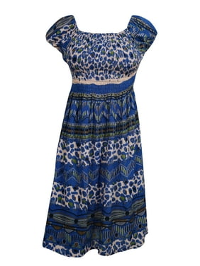 Mogul Women's Beach Dress Cap Sleeve Blue Printed Boho Chic Sundress