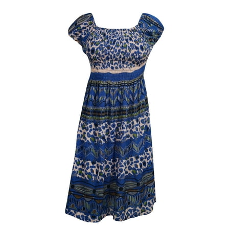 Mogul Interior - Mogul Women's Beach Dress Cap Sleeve Blue Printed Boho Chic Sundress - Walmart.com
