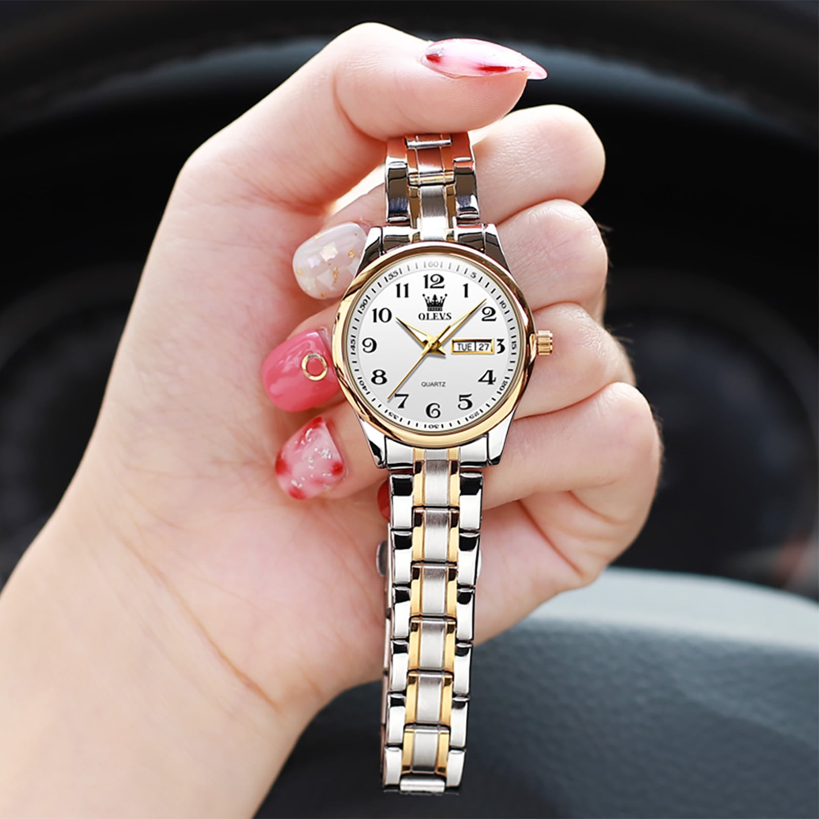 OLEVS Watches for Women Business Dress Two Tone Gold Plated Stainless Steel Analog Quartz Digital Date Waterproof Luminous Ladies Wrist Watches Relojes para Mujer