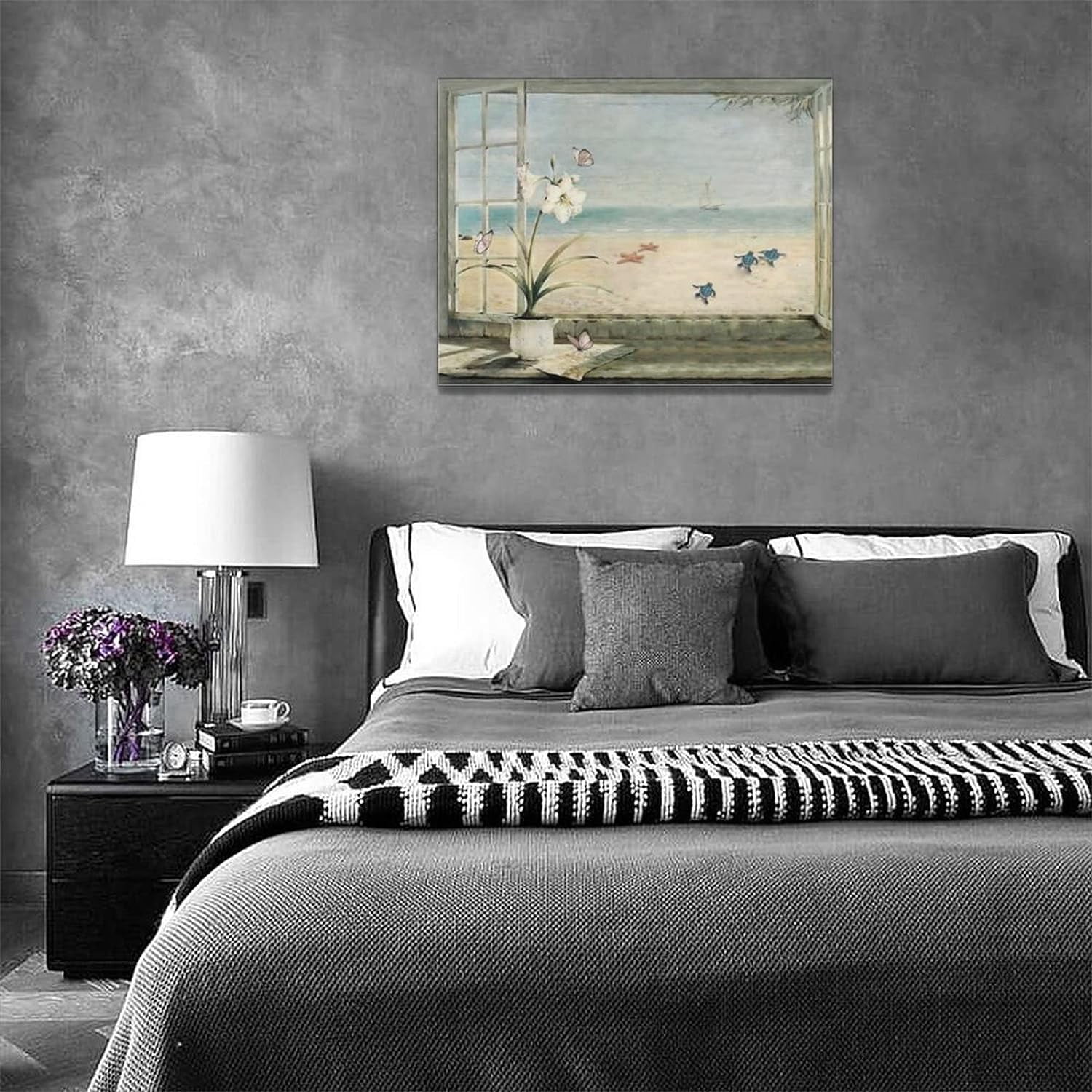 Beach Bathroom Wall Art Coastal Flower Ocean Turtle Butterfly Pictures Bathroom Wall Decor Floral Bathroom Canvas Prints Painting Beach Decorations Framed Artwork for Bathroom Bedroom 16"x12"