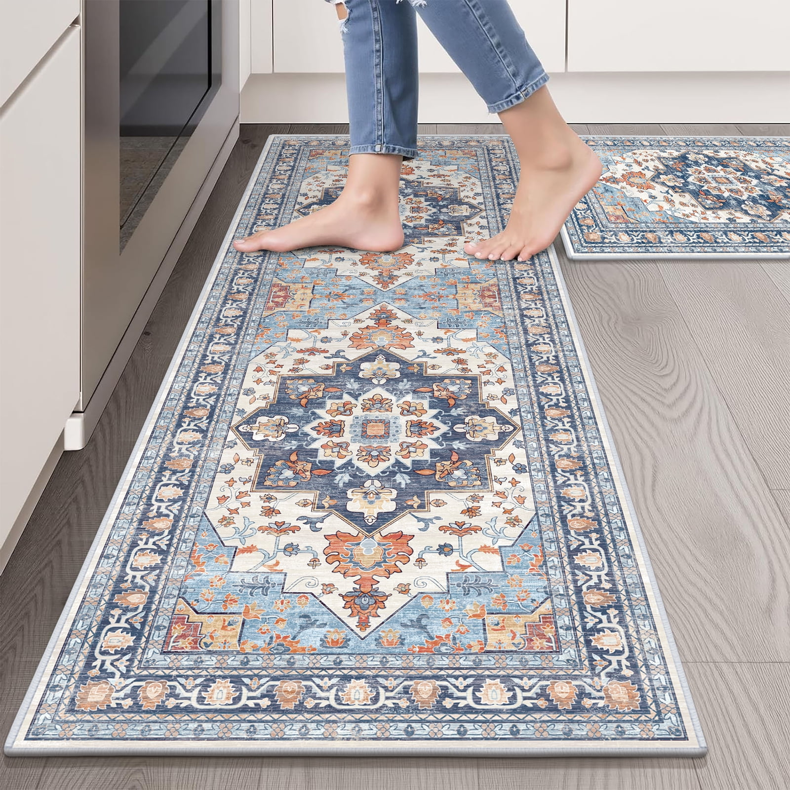 Findosom 2pcs Kitchen Rugs, Washable Boho Farmhouse Kitchen Mats for Floor, Non Slip Thick Indoor Kitchen Floor Mat Carpet Runner Rugs for Entryway Hallway Laundry Home Decor 20"x32"+20"x47" Blue