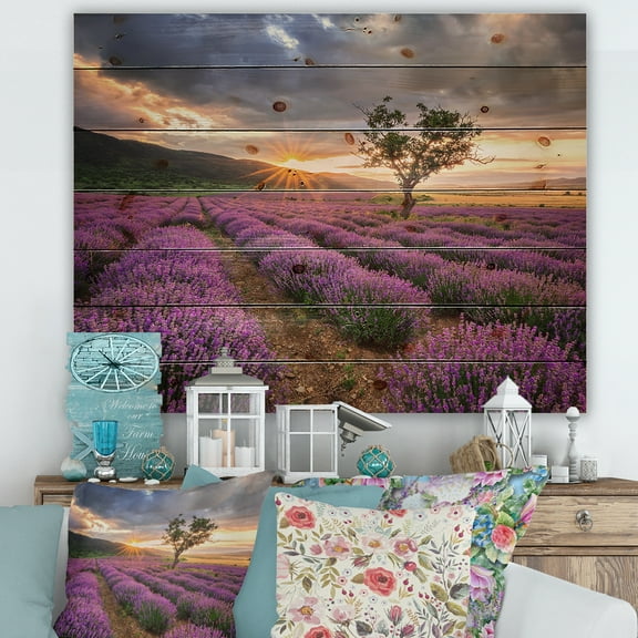 Designart 'Dramatic Clouds and Sunrise Over Lavender Field VIII' Farmhouse Print on Natural Pine Wood