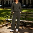 thumbnail image 2 of Xaqiouau Women's V-Neck Sweatshirt and Wide Leg Pants Set Loose Fit Long Sleeve Pullover Top High Waisted Drawstring Tracksuit Casual Lounge Wear 2 Piece Outfit Army Green L, 2 of 9