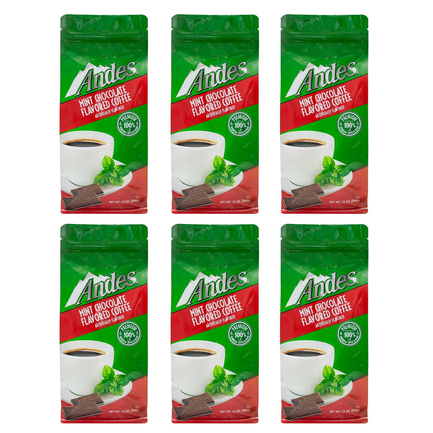 Andes Chocolate Mint Flavored, Medium Roast, Ground Coffee , Six bags - 12 ounces each