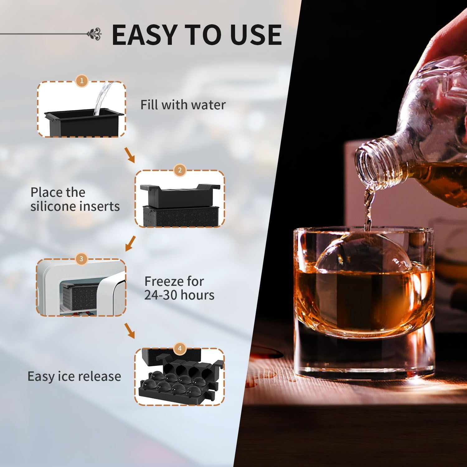 Clear Ice Ball Maker for Whiskey:  Circle Ice Cube Tray Make 2Inch Ice Sphere - Clear Ice Cube Maker for Old Fashioned Bourbon Whisky