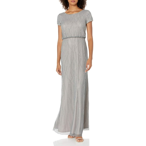 Adrianna Papell Women's Long Beaded Dress, Pewter/Silver, 4