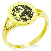 Stainless Steel Tribal Dragon Yin Yang Minimalist Oval Top Polished Statement Signet Ring