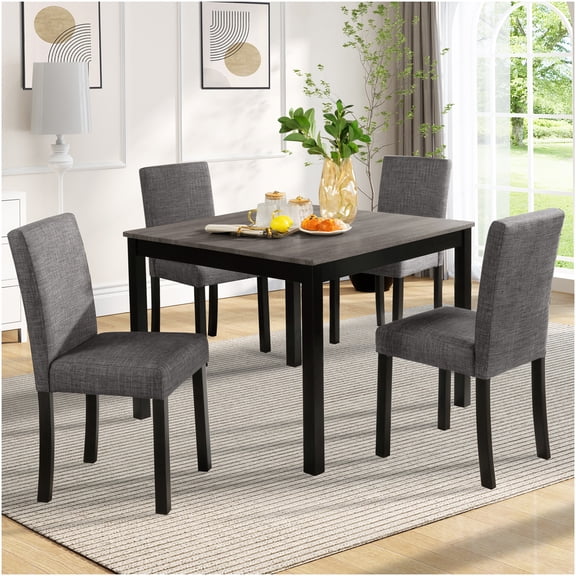 Modern 5-Piece Dining Set with Table and 4 Upholstered Chairs, Light Gray and Black Two-Tone Wood Kitchen Table Set for Dining Room