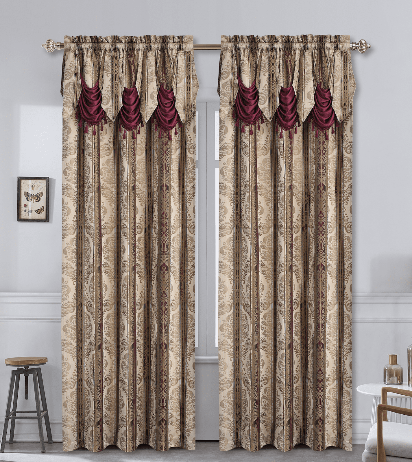 Aurora Tree Leaf Jacquard Window Panel with Attached Valance 54x84 Inches Rust 